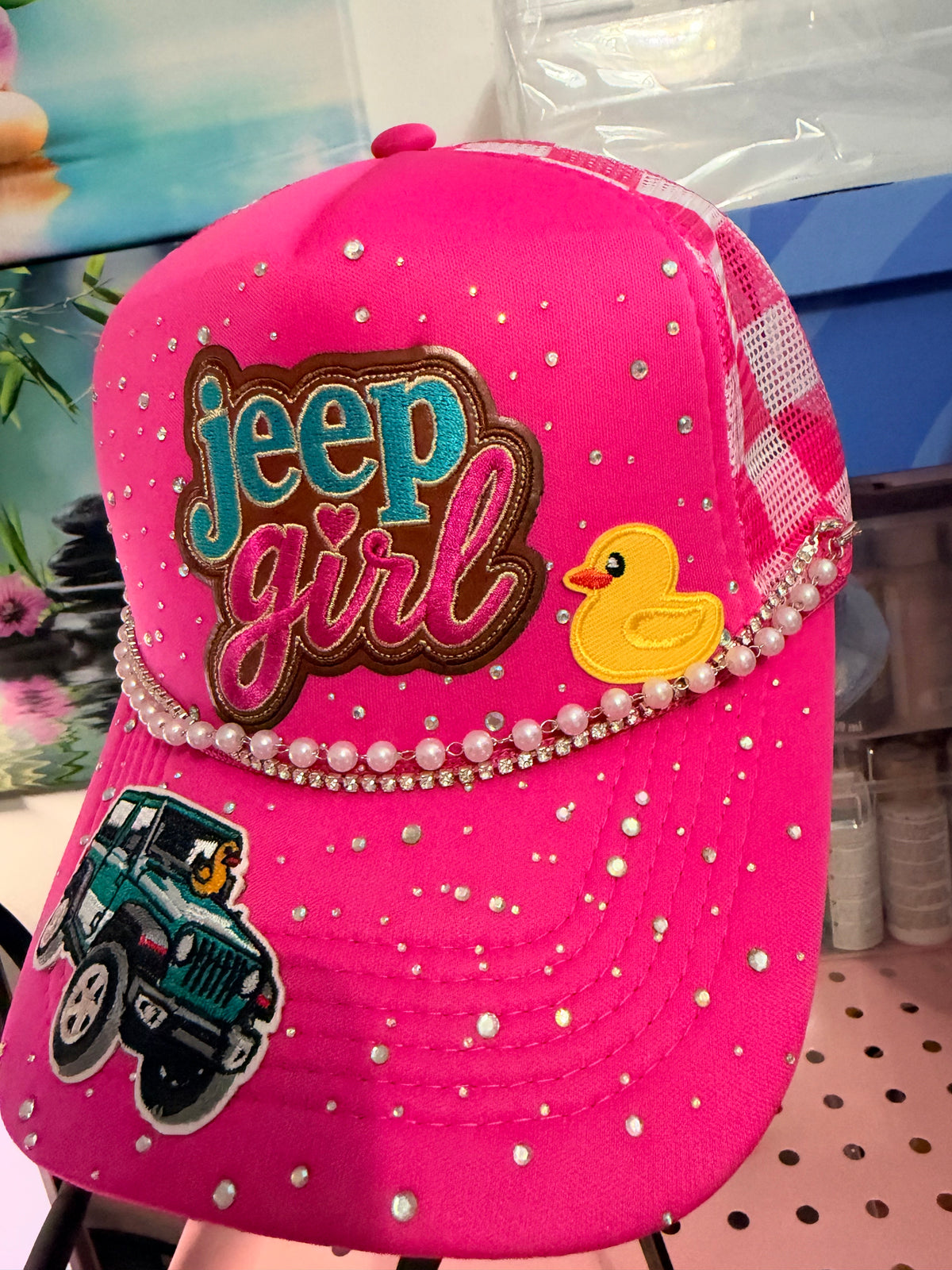 Custom Pink Jeep Girl Rhinestone Trucker Hat With 2 Hat Chains