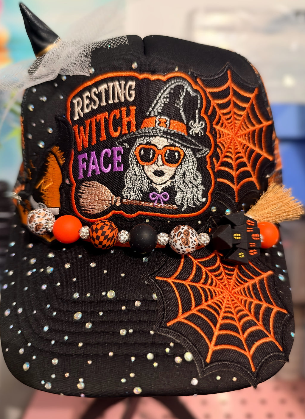 Halloween Resting Witch Face Rhinestone Beaded Trucker Hat with Hat Chain