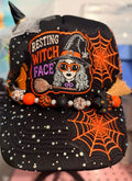 Halloween Resting Witch Face Rhinestone Beaded Trucker Hat with Hat Chain