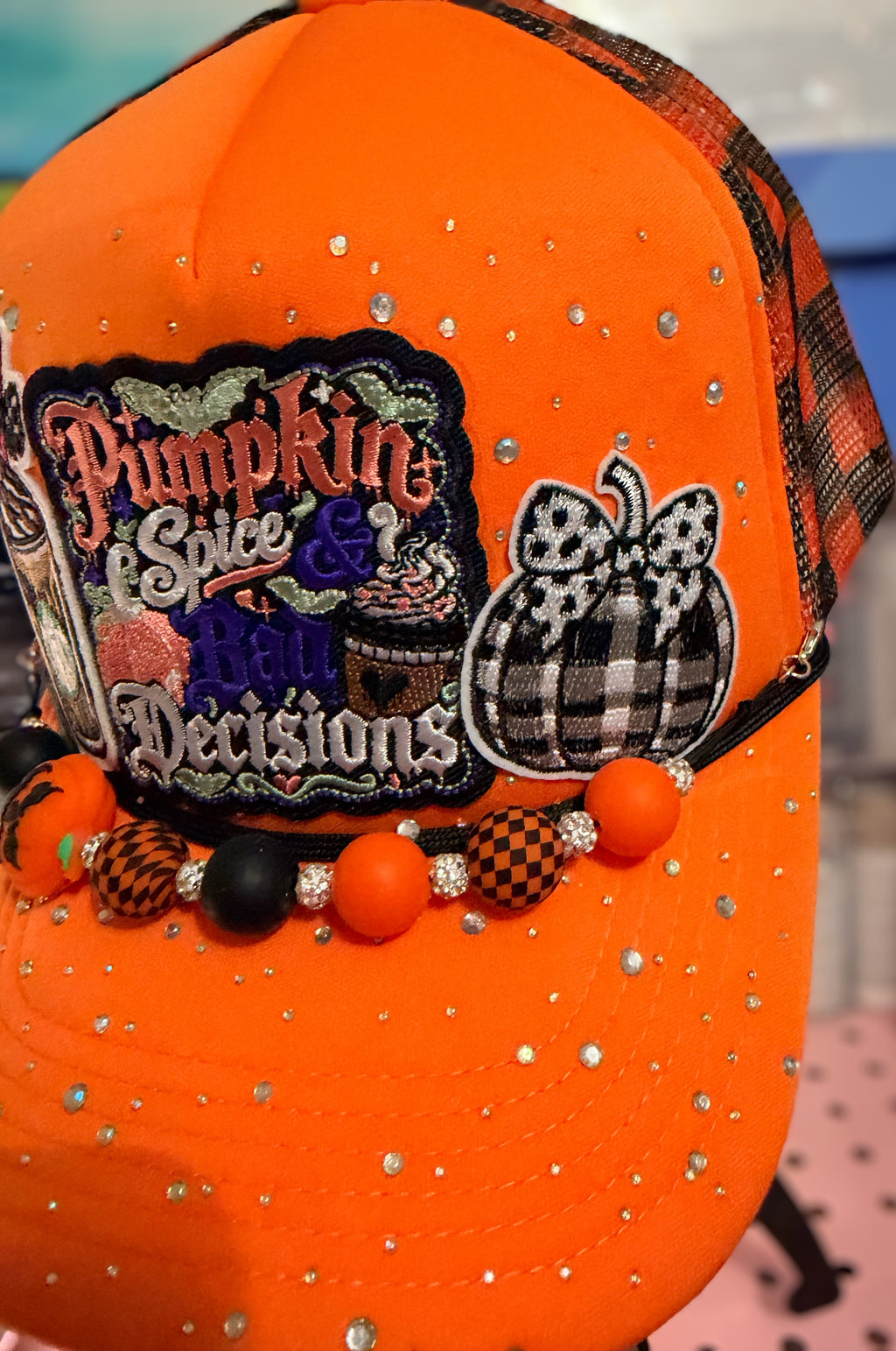 Custom Orange Rhinestone Pumpkin Spice Trucker Hat Snapback with Halloween Themed Hat Chain