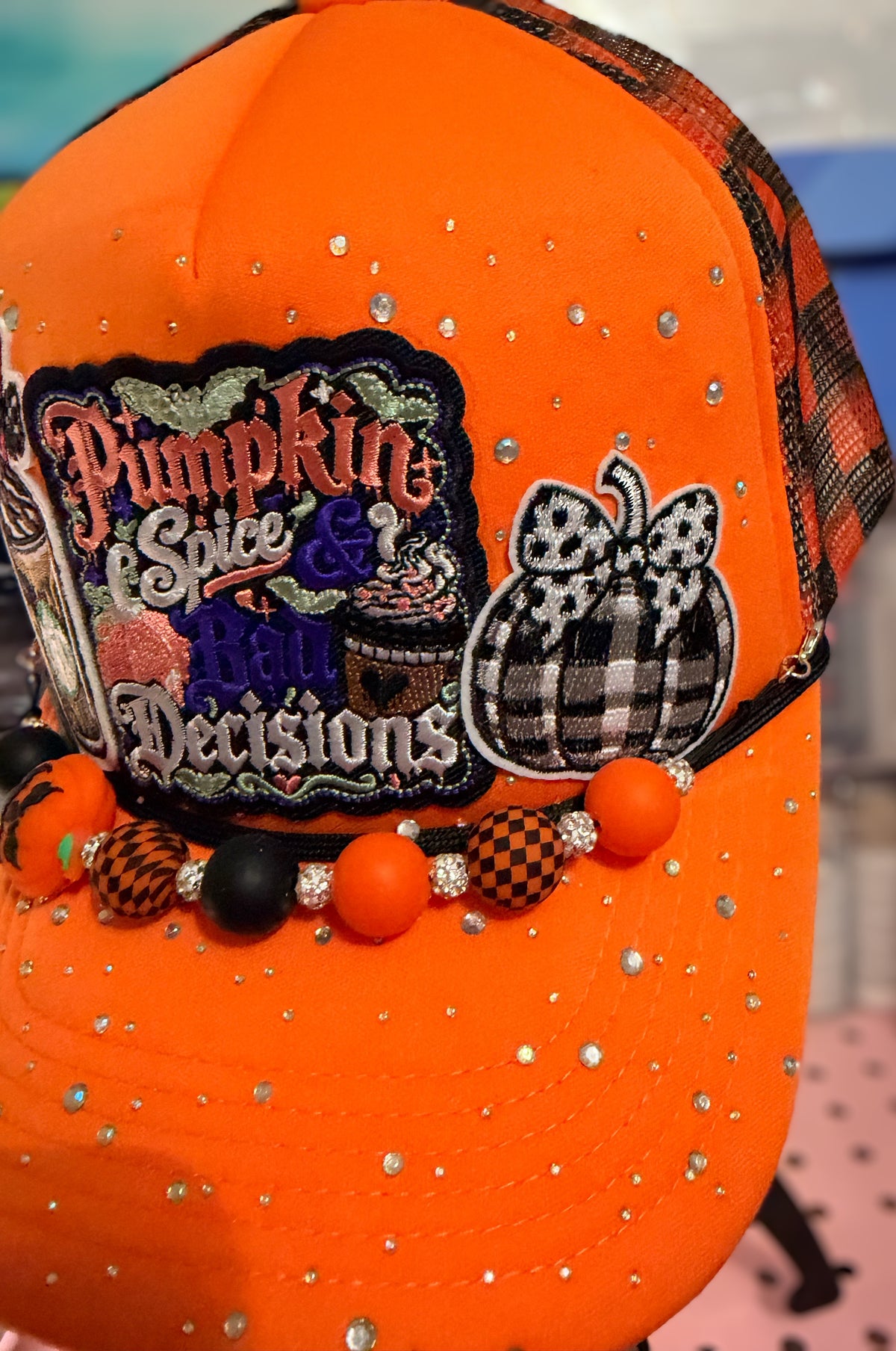 Custom Orange Rhinestone Pumpkin Spice Trucker Hat Snapback with Halloween Themed Hat Chain