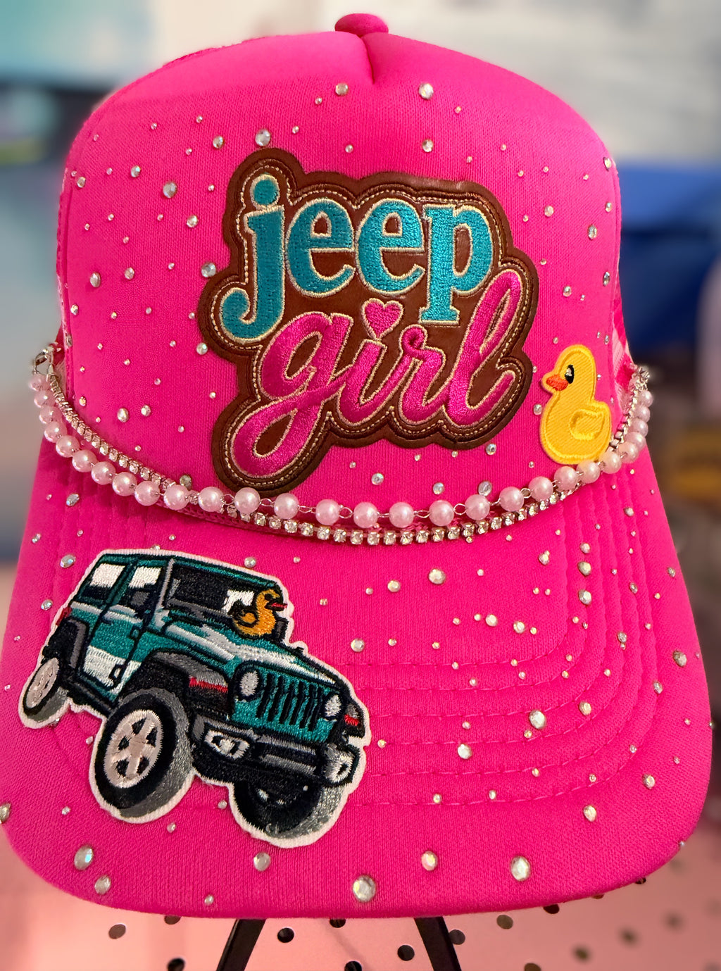 Custom Pink Jeep Girl Rhinestone Trucker Hat With 2 Hat Chains