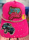 Custom Pink Jeep Girl Rhinestone Trucker Hat With 2 Hat Chains