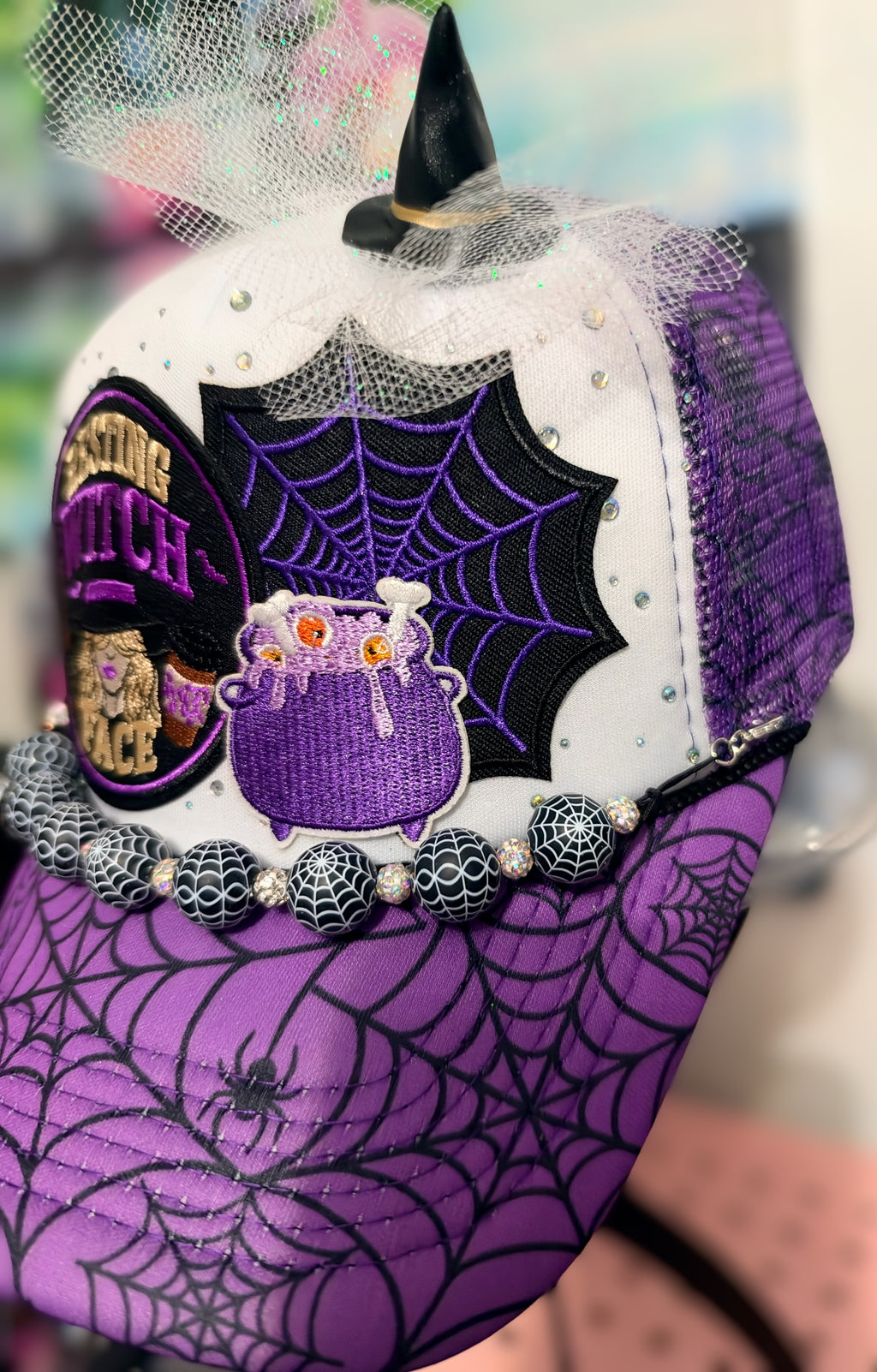 Resting Witch Face Purple Spiderweb Trucker Hat with Spiderweb Hat Chain