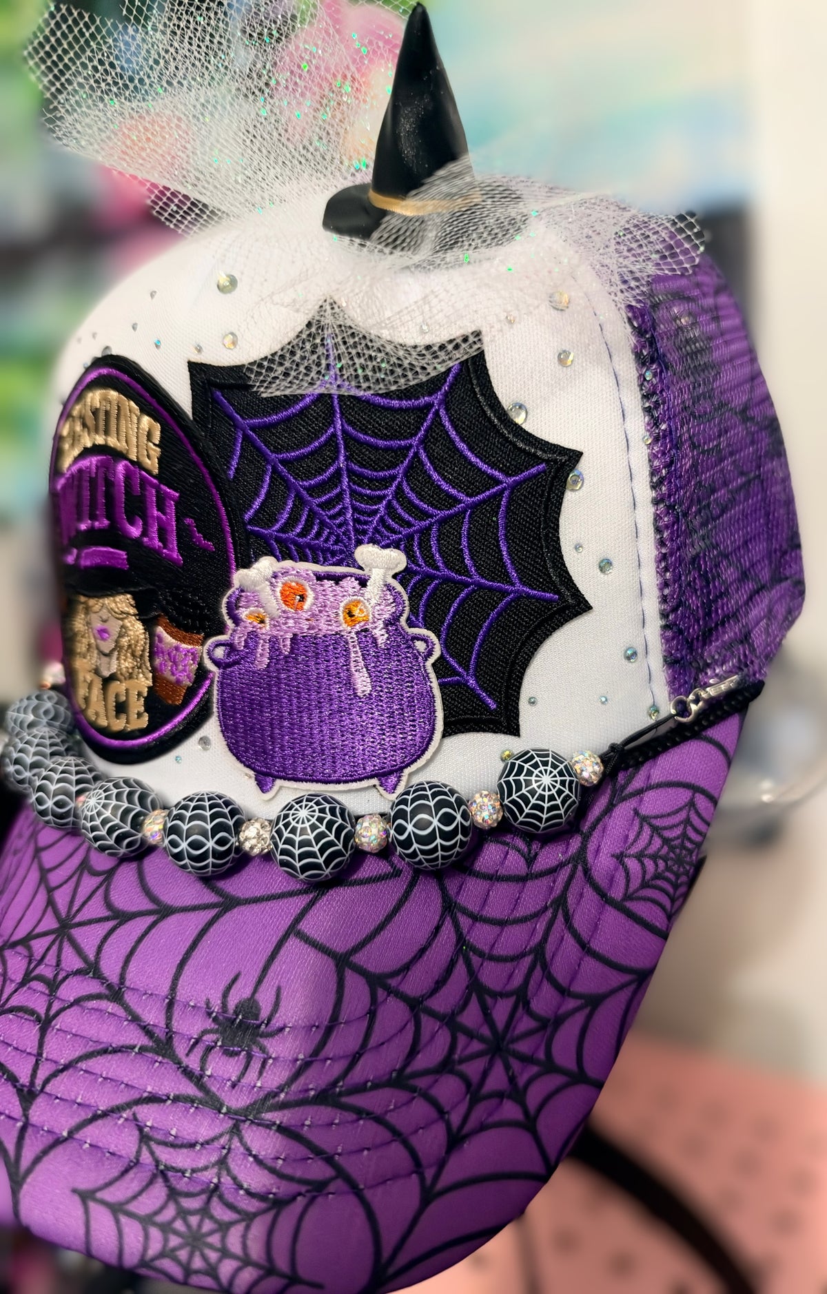 Resting Witch Face Purple Spiderweb Trucker Hat with Spiderweb Hat Chain