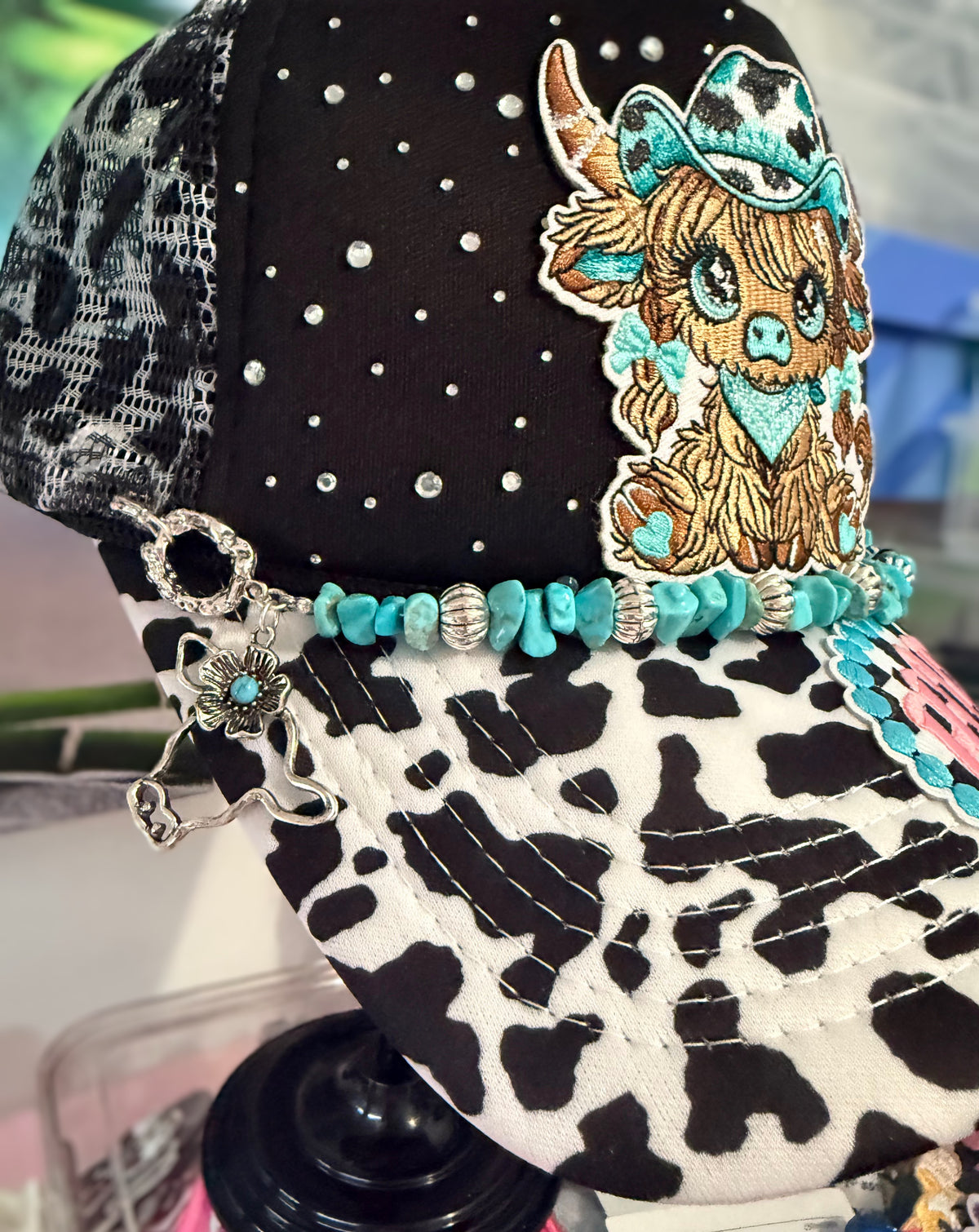 Custom Highland Cow Western Trucker Hat Rhinestone & Turquoise Accents