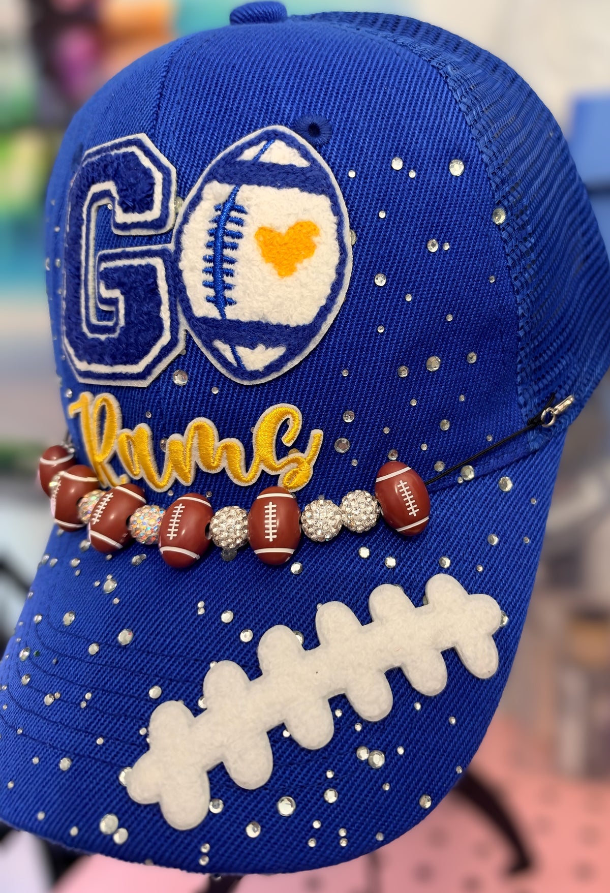 Custom Blue 'Go Rams' Football Rhinestone Trucker Hat