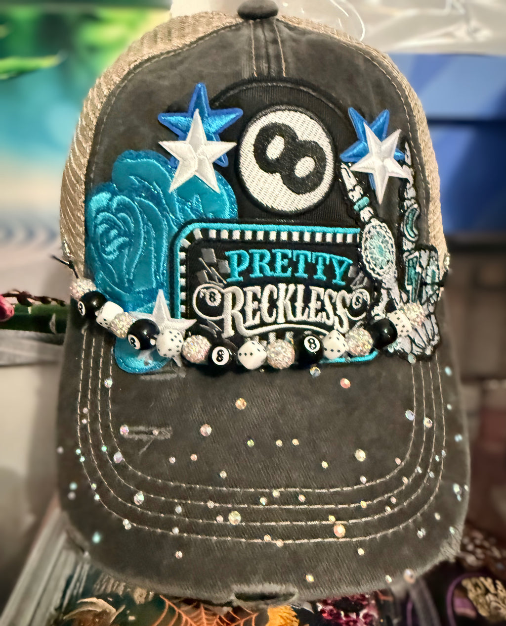 Custom Embellished Pretty Reckless Trucker Pool Hat with Rhinestones & 8 Ball Hat Chain