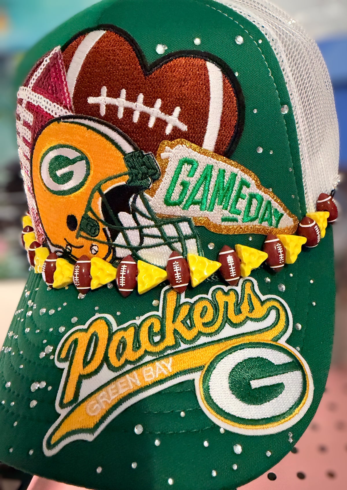 Custom Green Bay Packers Like  Rhinestone Trucker Hat with Football Cheese Hat Chain