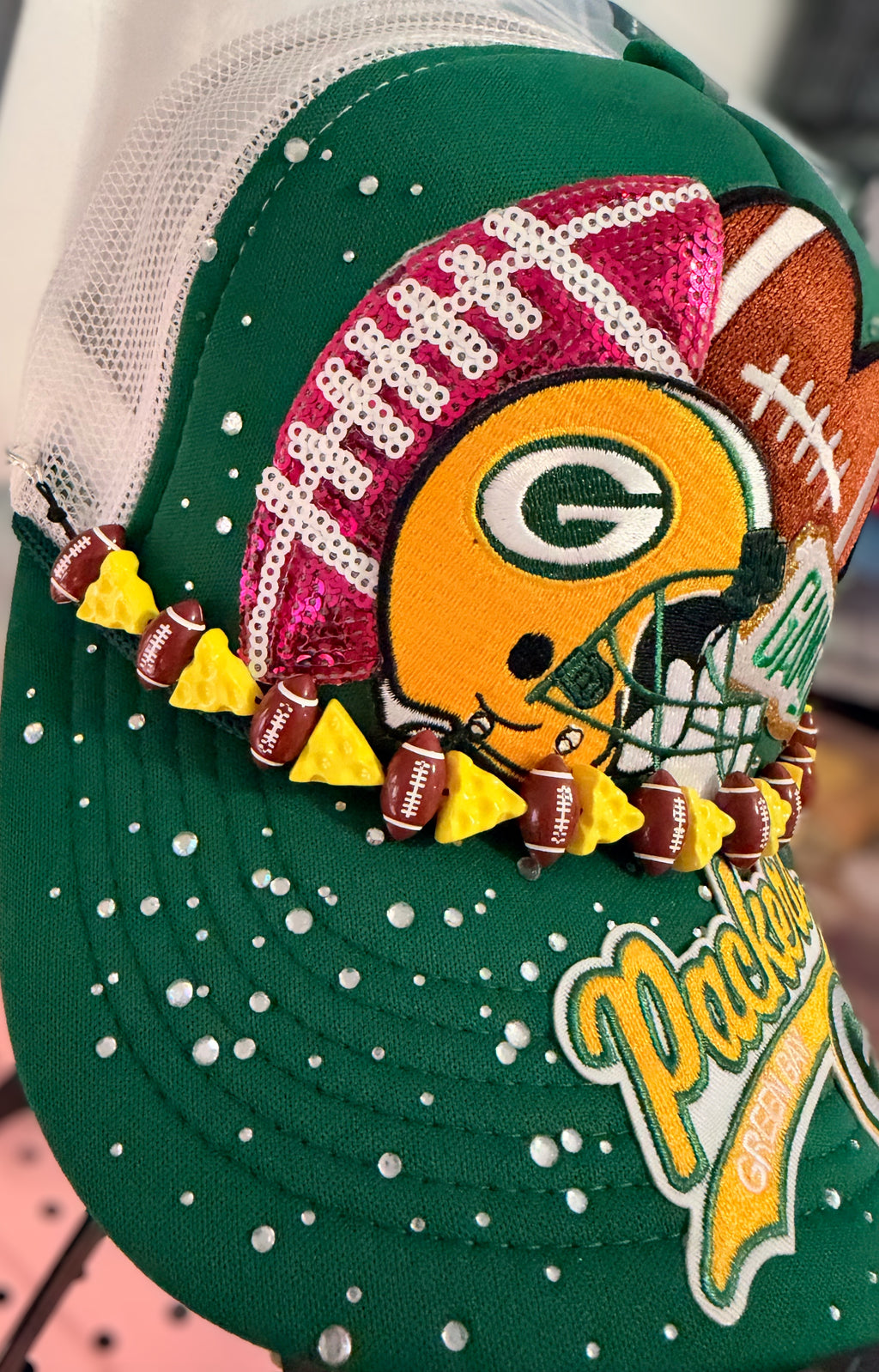 Custom Green Bay Packers Like  Rhinestone Trucker Hat with Football Cheese Hat Chain